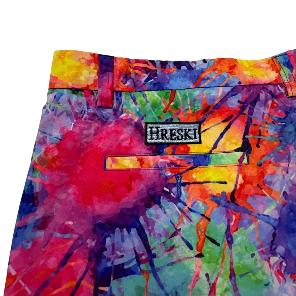 Hreski Mens Size 44 Watercolor Paint Splatter Golf Shorts Rainbow Stretch